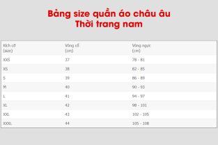 Bảng size quần áo châu âu thời trang nam