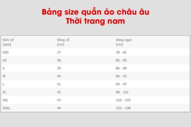 Bảng size quần áo châu âu thời trang nam