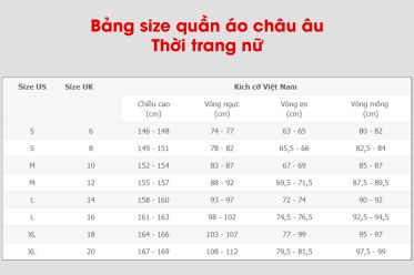 Bảng size quần áo châu âu thời trang nữ